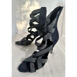 Daya by Zendaya Women Blue Denim Caged Heels Elastic Straps Open Toe Size 10